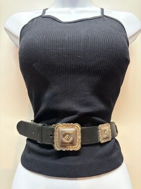 Vintage Brighton 1992 Black Leather Concho Western Belt Sulver Buckle Size 34